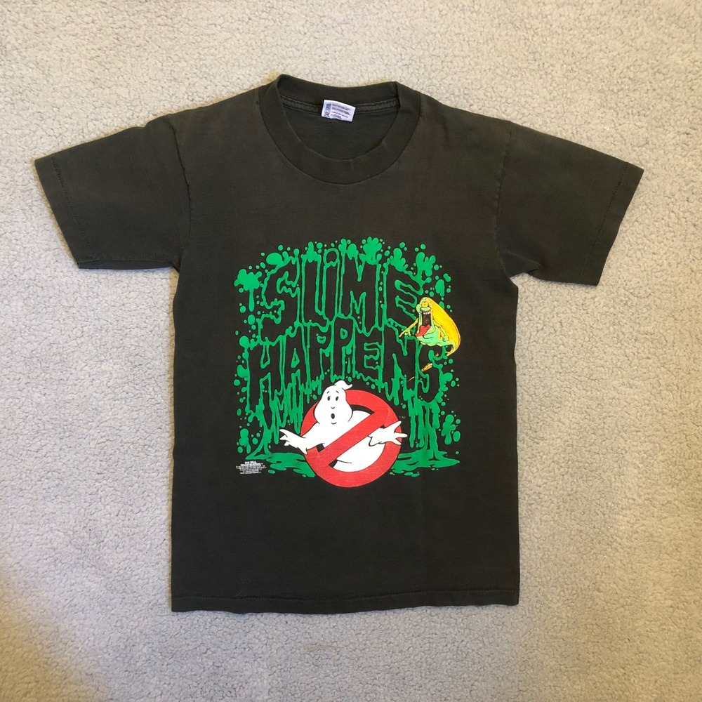 Vintage 1988 Ghostbusters Slime Happens T-Shirt Youth LG Anvil Black Slimer USA‎